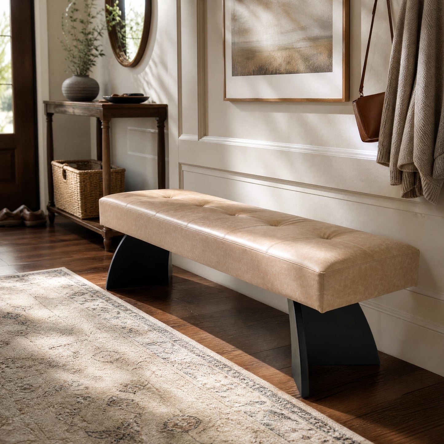 Christopher Knight Home Adele 63.19''L Faux Leather Upholstered Dining Bench, Wooden Entryway Bench With Stylish Curved Legs, Long Sofa Footstool for Living Room, Bedroom End of Bed Bench, Khaki+Black