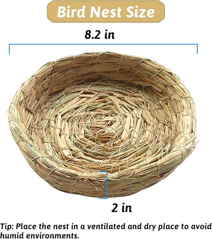 Fhiny Handmade Woven Bird Spawning Nest with Coconut Fiber Liner Flat Base Straw Bird Nest Bed Hatch Roosting for Dove Pigeon Parrot Turtle Quail Macaw Cuckoo Sparrow