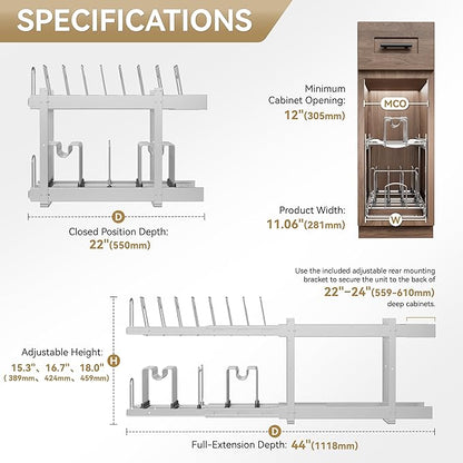 2-Tier Kitchen Pull out Cabinet Organizer for Pots, Pans, and Lid Cookware, Adjustable Heavy Duty Wire Pan and Pot Rack, Full-Extension Rail 12" W *22" D