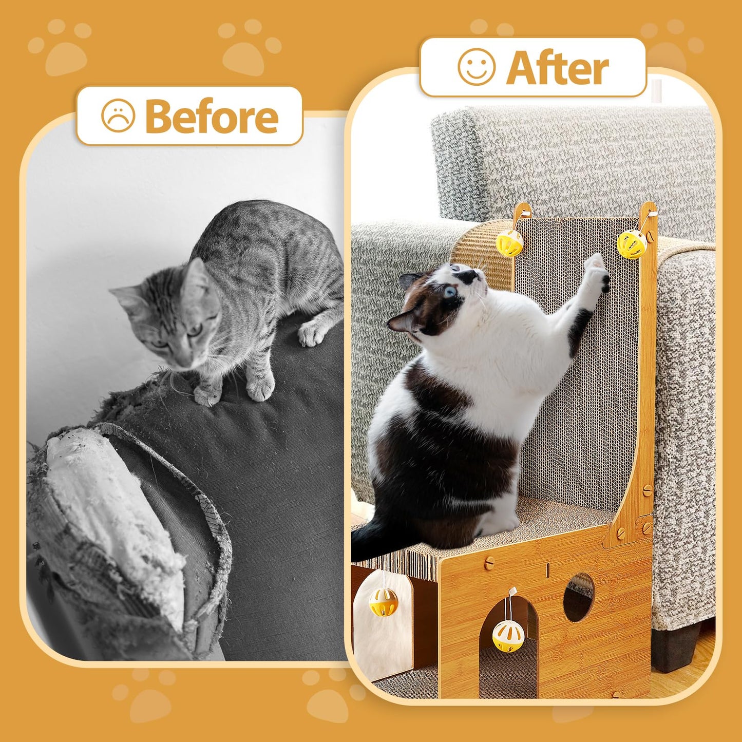 YEMOO Cat Scratcher, Cat Scratching Board, L Shaped Vertical Cat Scratcher for Wall and Couch Protection, Cat Cardboard Scratcher with 4 Ball Toys for Indoor Cats