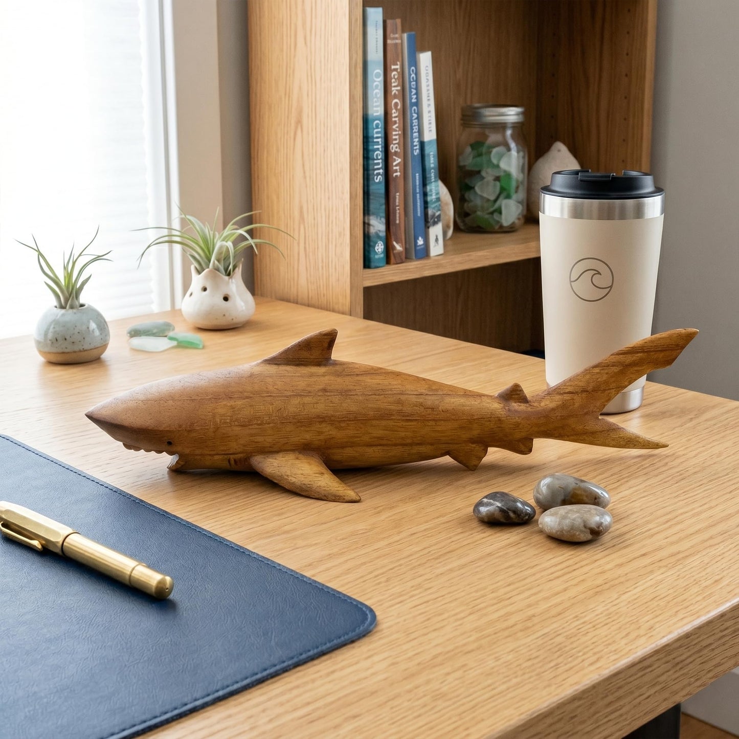 G6 Collection Wooden Hand Carved Shark Statue Sculpture Wood Decorative Home Decor Accent Figurine Handcrafted Handmade Seaside Tropical Nautical Ocean Coastal Decoration Shark (16" Long)