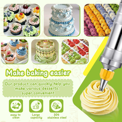 NOVANO Dessert Decorating Syringe Set, Frosting Piping Kit Stainless Steel Cake Decorating Kit with 54 Piping Tips & 9 Silicone Cupcakes, Yellow