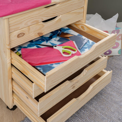 Linon Corinne Unfinished Wide Six Drawer Wooden Rolling Storage Cart
