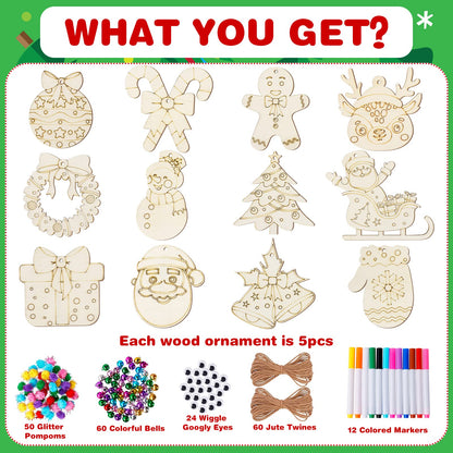 MGparty 60Pcs DIY Wood Slices, Wooden Christmas Ornaments Bulk for Crafts, Unfinished Paintable Wooden Hanging Decorations, Wood Kit for Crafts with 12 Coloured Pens and 60 Jingle Bells