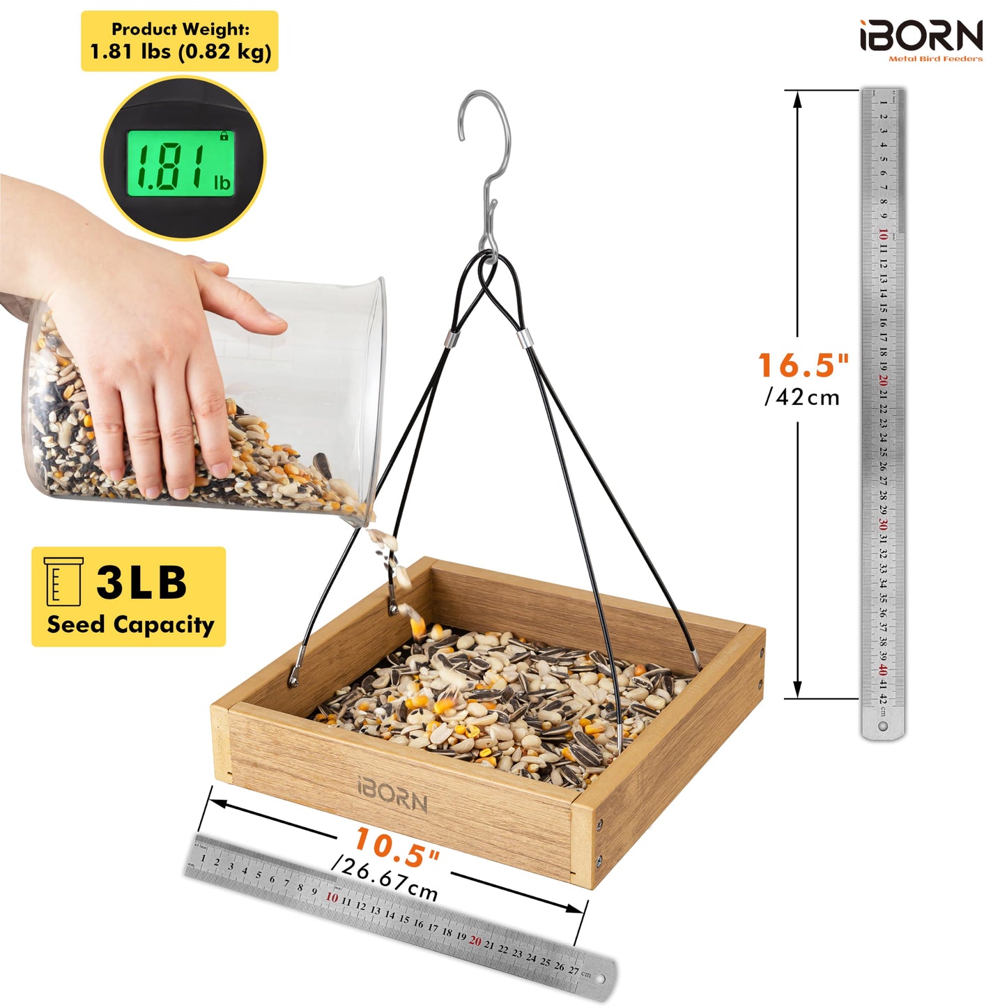 iBorn Platform Bird Feeder Tray, Chew Proof Bird Feeders for Outdoors Hanging, Flat Birdfeeder Tray with Large Capacity 3LBS, WPC Recycled Plastic & Cedar Look, Waterproof, 10.5"x10.5", Raw