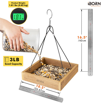 iBorn Platform Bird Feeder Tray, Chew Proof Bird Feeders for Outdoors Hanging, Flat Birdfeeder Tray with Large Capacity 3LBS, WPC Recycled Plastic & Cedar Look, Waterproof, 10.5"x10.5", Raw
