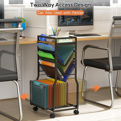 DAOUTIME 8 Tier Rolling File Cart with Hanging File Folder Organizer, Mobile File Organizer with 2 Sides Access Bookcase, Beside/Under Desk Cart with Wheels for Office Home School