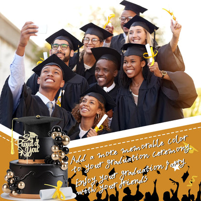 43Pcs Graduation Cake Kit Included Felt Grad Cap with Tassel Gold Black Balls Graduations Party Supplies So Proud of You Cupcake Topper for Congrats Senior High School College Parties Decor(Gold)