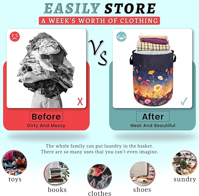 Colorful Flowers At Night Laundry Basket Floral Foldable Funny Laundry Hamper