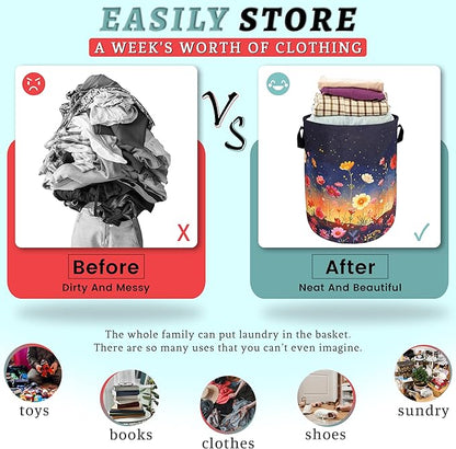 Colorful Flowers At Night Laundry Basket Floral Foldable Funny Laundry Hamper