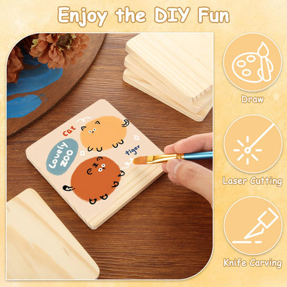 CYEAH 50 Pcs Unfinished Square Wood Coasters, 4 inch Blank Wooden Craft Coasters with Non-Slip Foam Pad Stickers, Wooden Slices for Nature Crafts & Wedding Decoration Painting Wood Engraving