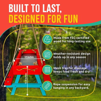 SparkJump Picnic Table Bird Feeder Kit, DIY Woodworking Project for Kids and Families, Complete Tools and Paint Set, FSC-Certified Sustainable Wood, Backyard Nature Activity, Ages 6+
