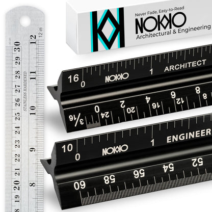 NOKKO Architectural Scale Ruler Set with Engineer Scale and Metal Ruler, 12 Inch Aluminum Drafting Rulers for Blueprints, Engineering Drawings and Floor Plans