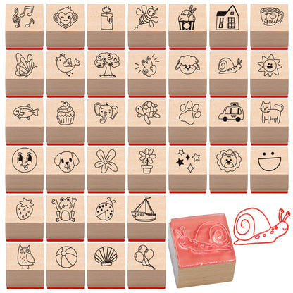 Maitys 36pcs Cartoon Pattern Wood Stamps Set Wooden Rubber Holiday Stamps Cute Cake Elephant Candle Butterfly Bee Pattern for Card Making Decoration and Scrapbooking Supplies DIY Tools Gifts
