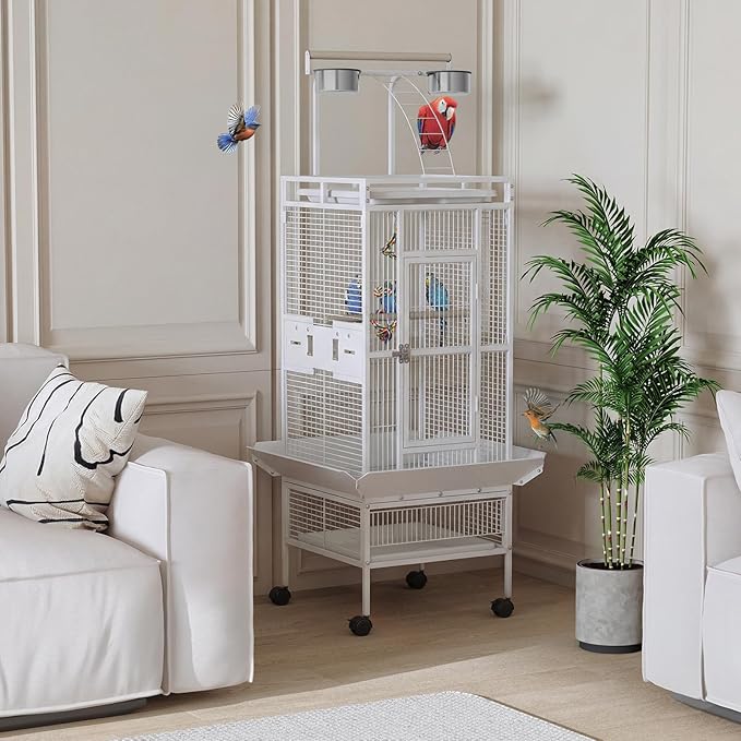 60 Inch Wrought Iron Large Bird Cage with Rolling Stand, Metal Parrot Cage with Play Top & 4 Stainless Steel Bowls for African Grey Cockatiel Sun Parakeet Green Cheek Conure Lovebird Budgie, White