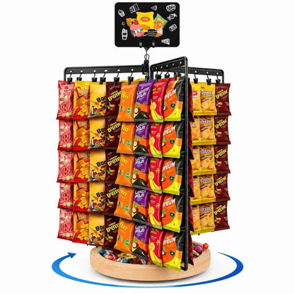 Chip Rack Display Stand, 360° Rotating 6-Sided Chip Holder Display for Countertop with 75 Adjustable Clips, Wooden Base Tray, DIY Message Board & Pen, Snack Display Rack for Concession Stand, Retail, Office, Parties