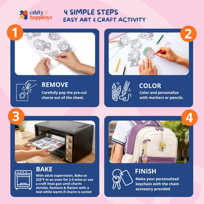 CRAFTY HAPPITOYS Shrink Art Sheets - Craft Kit for Kids - Art and Craft for Kids - Shrink Plastic Sheets with 30 Pre Cut Charms - DIY Jewelry Making - Keychain Activity - Shrinky Kit 70pc