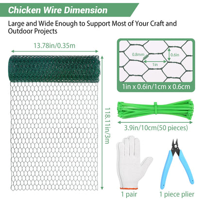 Chicken Wire for Floral Arrangements,13.78 x 118 Inch Lightweight Galvanised Hexagonal floral Chicken Wire Green Florist Wire for Garden Poultry Netting for Garden Protection with Wire Ties and Pliers