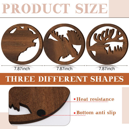 Beeveer 3 Pcs Bear Deer Moose Trivets for Hot Dishes, Wooden Decorative Trivets Cabin Theme Pot Holders Heat Resistant Hot Pad Rustic Lodge Kitchen Home Decorations, 7.9 Inch