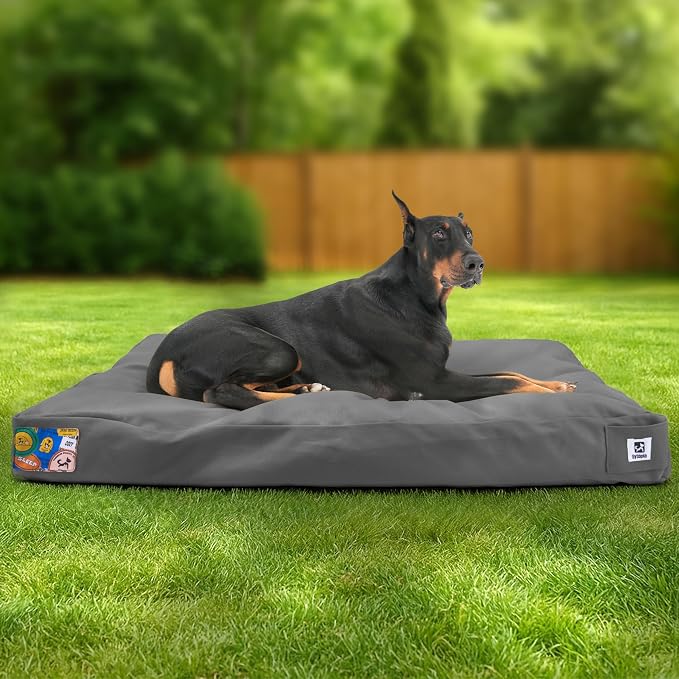 42 Inch Durable Indestructible Dog Bed for Extra Large Dogs, Outdoor Canvas Chew Proof Pet Crate Mat with Waterproof Washable Removable Cover, Indoor Patio Pet Pad for Crate, Dark Grey