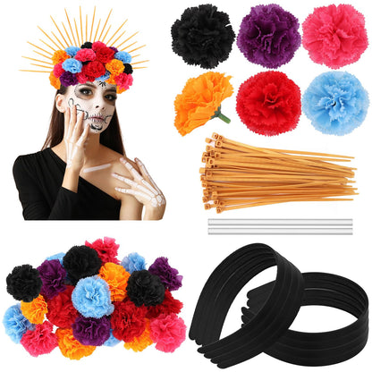 HFYZZ 290 Pcs Day of the Dead Floral Headpiece DIY Mexican Flower Halo Crown Headband for Women Halloween Cosplay Hair Accessories