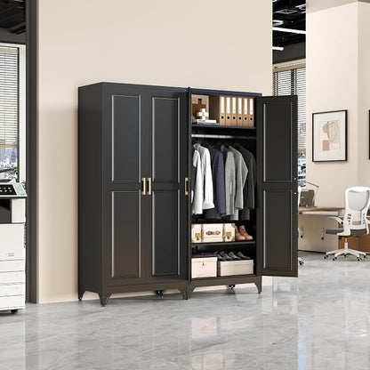 SteeLoong Metal Wardrobe Cabinet with Hanging Rod, 71" Tall Armoire Wardrobe Closet with 2 Doors and Adjustable Shelves, Black Clothing Storage Cabinets for Bedroom, Laundry Room, Cloak Room
