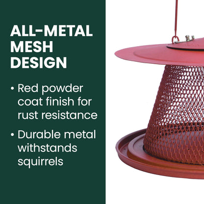 Perky-Pet Red Cardinal Wild Bird Feeder - 2.5 lb Seed Capacity, Holds Up to 15 Birds Simultaneously, Metal Hanging Feeder for Outdoors, Collapsible Mesh Design, Built-In Hook & Circular Tray, C00322