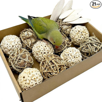 Bird Toys Sola Balls Parakeet Toys Natural Soft Chew Grass Balls with Cuttlebone for Parrots Conures Rabbits Hamster Guinea Pig Chinchilla(Style 2, 18 PCS)