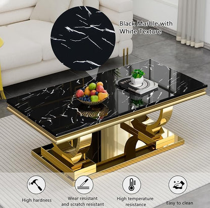 2 Piece Living Room Table Set Include 1 Faux Marble Coffee Table & 1 End Table, Modern Black Gold Coffee Table Set of 2 with Double O Shape Stainless Steel Pedestal Base