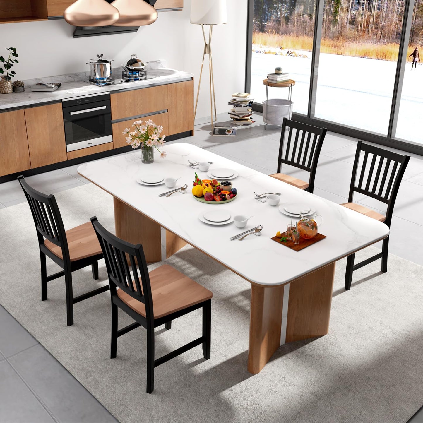 COSTWAY Dining Chairs Set of 4, Mid Century Modern Dining Room Chairs with Solid Rubber Wood Legs and Curved Backrest, Kitchen Chairs for Home, Living Room, Restaurant, Black & Walnut