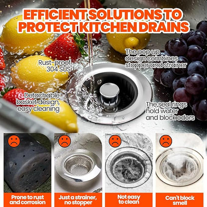Kitchen Sink Drain Strainer & Sink Stopper, Upgraded Stainless Steel Drain Plug