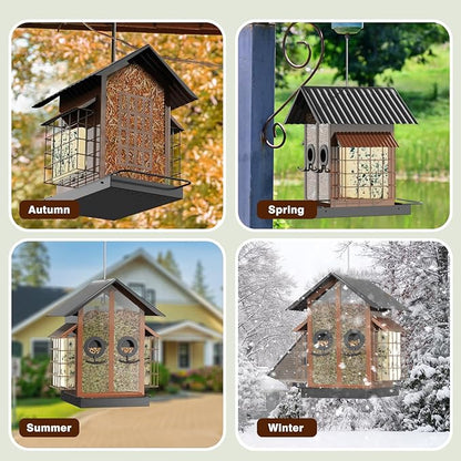 FlowaFoli Bird Feeders for Outdoors, Metal Bird Feeder with Double Suet Cage Weatherproof Metal Roof, 2 in 1 Mixed Seeds Suet Feeder, 4Lbs Large Capacity, Great for Finch、Cardinal、Chickadee（Brown）