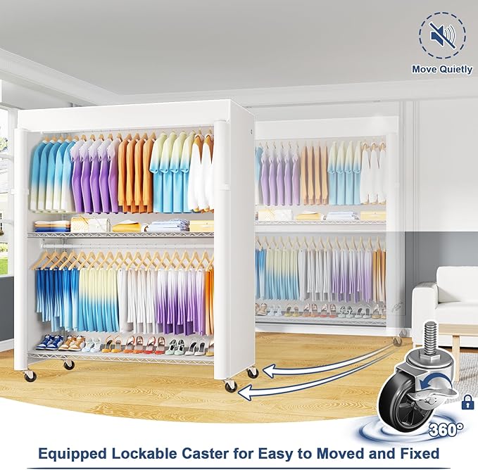 ULIFHOME P8C Max Heavy Duty Clothes Rack（With Extended Width Design） Rolling Clothing Racks for Hanging Clothes with Lockable Wheels，51.2"W x 15.8"D x 80.5"H，Load 800LBS，White Rack with White Cover