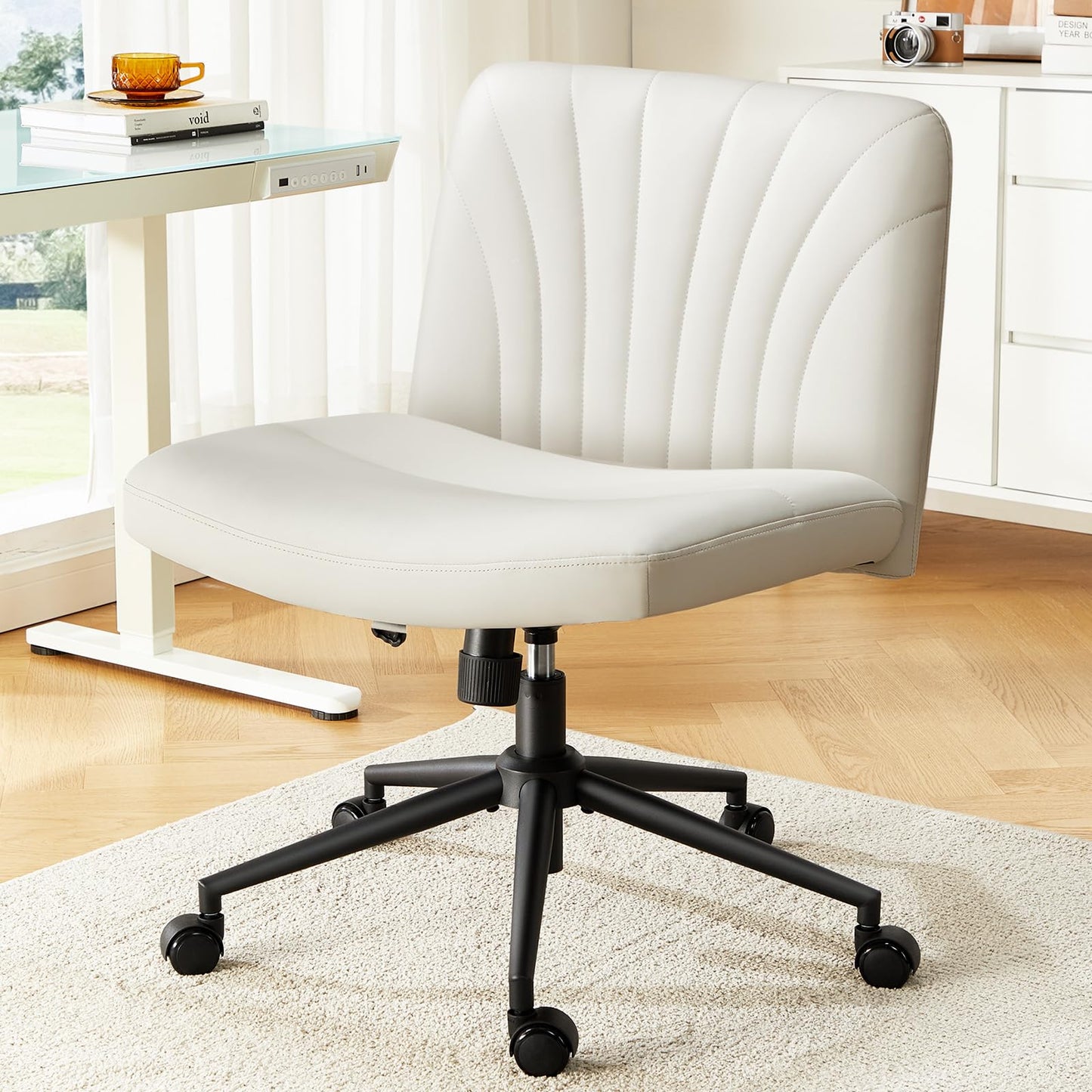 Marsail Criss Cross Chair with Wheels: PU Leather Cross Legged Office Chair Wide Armless Desk Chair Swivel Height Adjustable Vanity Chair for Make Up,Small Space,Bed Room(Beige)