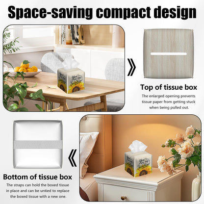 2 Pack Sunflower Sunshine Tissue Box Cover Square Wooden Board Texture PU Leather Tissue Box Holder Waterproof Facial Paper Organizer Dispenser for Bathroom Kitchen Home Office Car