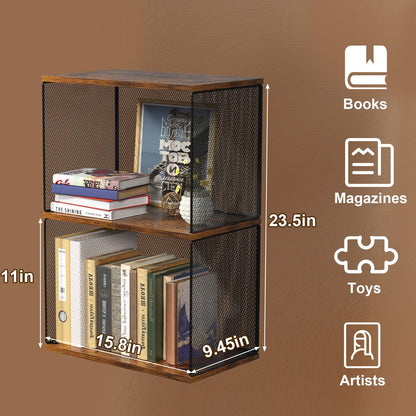 Dmevkic Small Bookshelf 2 Tiers Bookshelf for Small Spaces DIY Variable Stackable Cube Storage Organizer for Kid Bedroom,Living Room, Black Brown Wooden,2 Tiers Non-Detachable