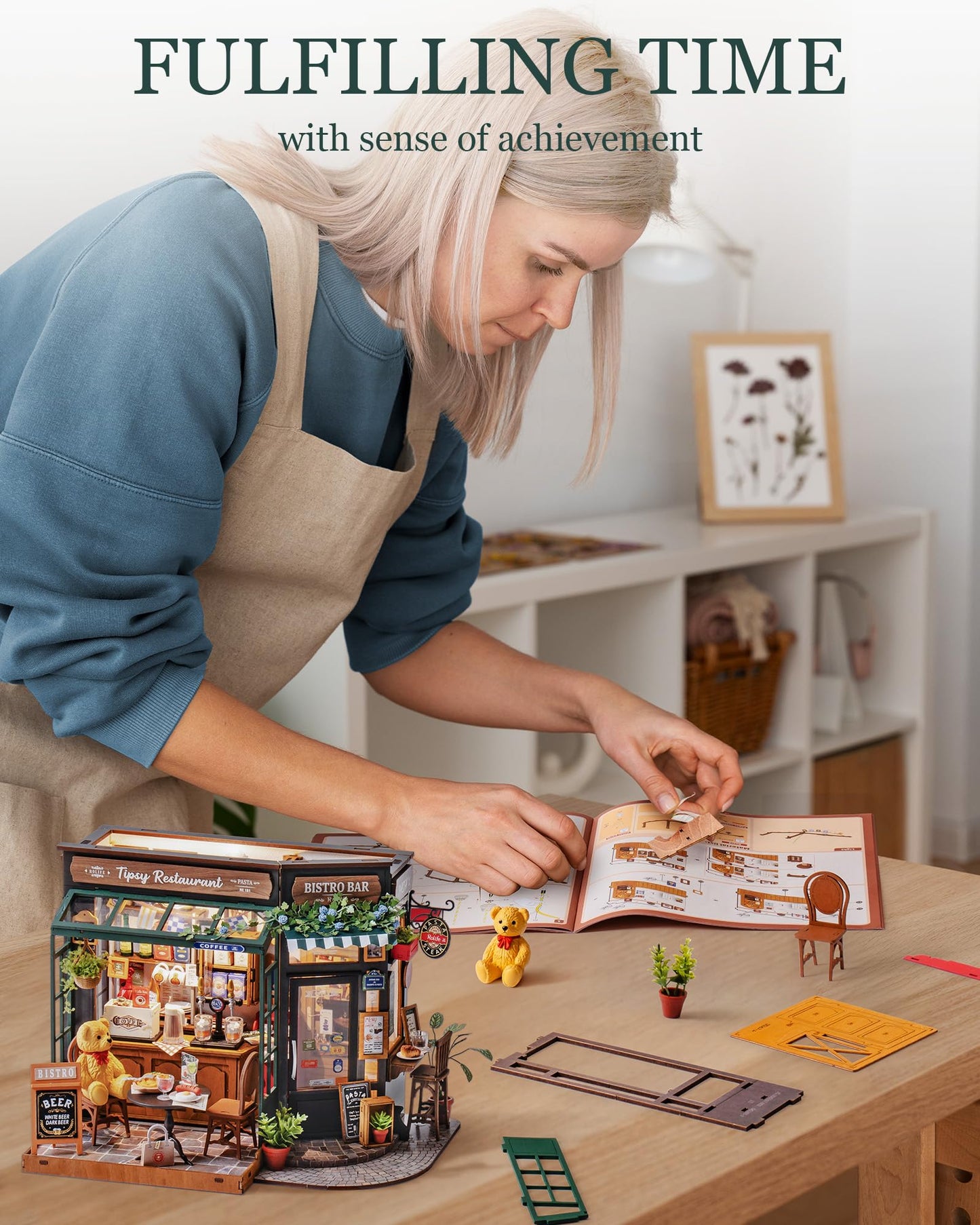 ROBOTIME DIY Tiny House Kit, Miniature House Kit for Adults to Build, Mini House Kit with Furniture, Halloween/Christmas/Birthday Gifts for Men/Women（Tipsy Restaurant）