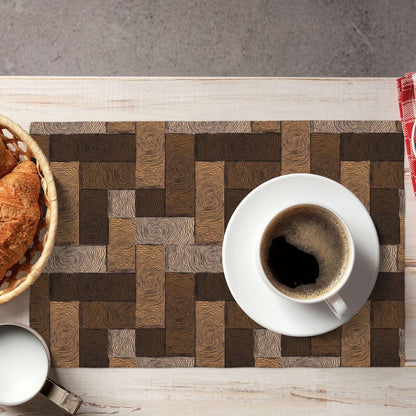 XALOGEER Brown Beige Placemats Set of 4 Parquet Pattern Wooden Style Linen Place Mat Washable Double Layer Table Mats for Kitchen Dining Decoration 12x18 Inch