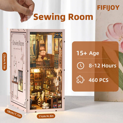 fifijoy Book Nook Kit - Sewing Room DIY Miniature House Dollhouse Kit for Adults and Teens, Booknook Tiny House Bookshelf Decor 3D Wooden Puzzle, Gifts for Family and Friends