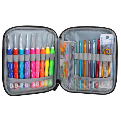 LOOEN Crochet Hooks Set-Yarn Needles Coloured Aluminum with Storage Case Rubbery Handle Ergonomic Comfort Grip DIY Craft Handmake Kit 64pcs