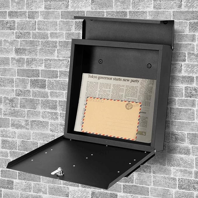 Wall-Mount Mailbox for House Outside, Security Key Drop Box with Lock and Keys, Locking Postbox, Steel Metal Rust-Proof Mail Box, 11.02 x 11.02 x 4.33 Inch, Black, MD021