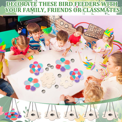 DoubleFill 36 Pack Bird Feeder Craft Kits with Chains for Kids Ages 3-8 Make Your Own Wooden Flower Bird Feeders with Aluminum Bowls DIY to Paint Craft for Garden Outdoor Activities (Flower)