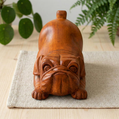 G6 Collection Wooden Hand Carved Crouching English Bulldog Statue Figurine Sculpture Art Decorative Rustic Home Decor Accent Handmade Handcrafted Wood Decoration Gift Dog Artwork,