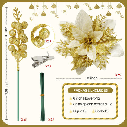trytuny 50pcs Glitter Poinsettia Christmas Ornaments, Artificial Flowers with Clips Stems for DIY Wreath Making, Holiday Home Party Decorations, Indoor Use (Gold)