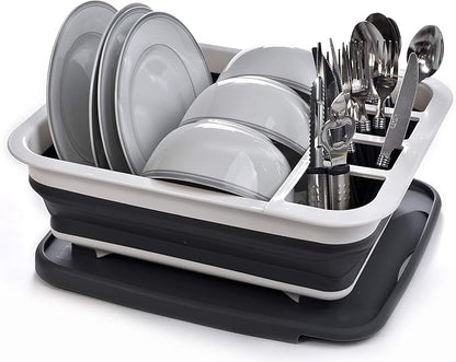 Masirs Pop-Up Collapsible Dish Drying Rack: Convenient Storage, Drains into Sink, Eight Large Plate Capacity, Sectional Cutlery and Utensil Compartment. Compact and Portable Design.