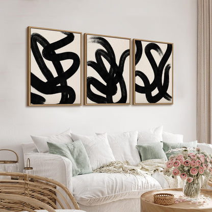 Framed Wall Art Canvas Set Abstract Lines Pictures Modern Mid Century Boho Wall Decor Minimalist Abstract Black Stroke Lines Canvas Painting Artwork Living Room Bedroom Home Office 20"x28"x3 Natural