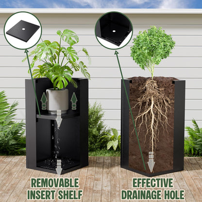Diyfire Black Tall Metal Planters Box for Outdoor Plants 4 Pack- 23.6" H Steel Tall Square Planter with Removable Insert Shelf, Modern Heavy Duty Pedestal Planter Front Porch Decor Patio Garden