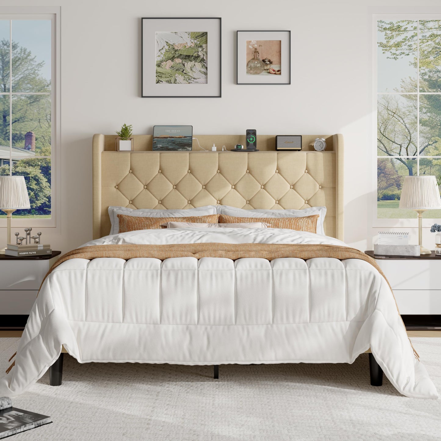 SHA CERLIN Full Size Platform Bed Frame with Charging Station, Linen Wingback Headboard with Storage Shelf, Wooden Slats Support, Ample Under-Bed Space, No Box Spring Needed, Easy Assembly, Beige