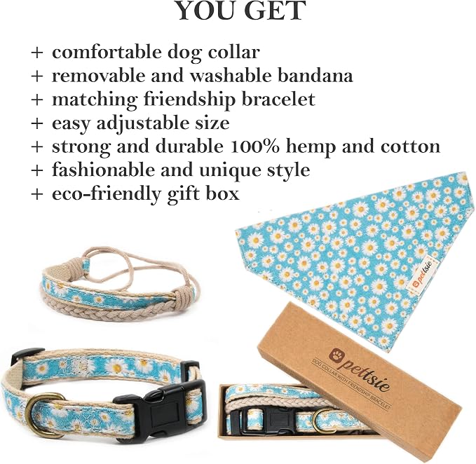 Pettsie Hemp Dog Bandana Collar & Matching Owner Friendship Bracelet | Matching Friendship Bracelet, Durable Hemp, Adjustable, Secure D-Ring, Soft & Comfortable, Turquoise