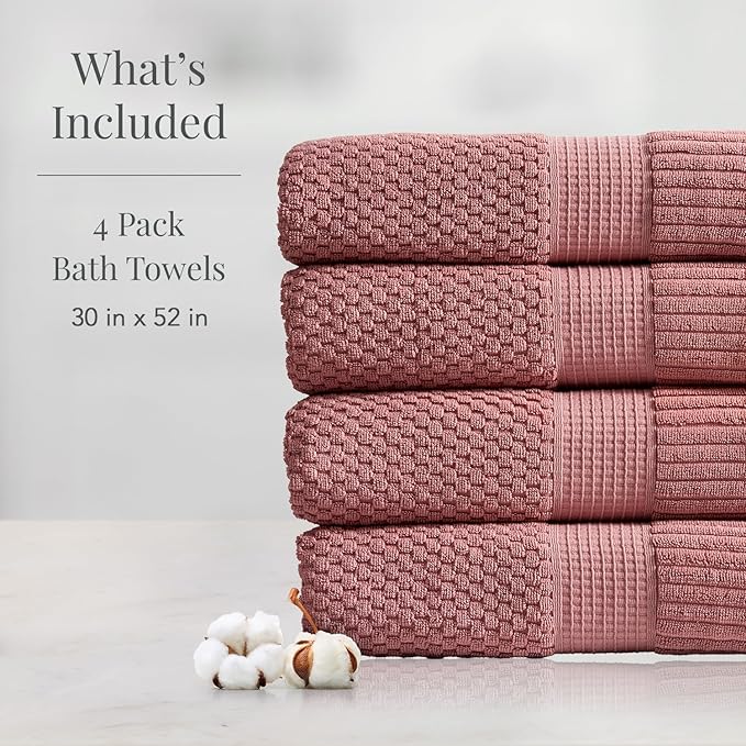 NY Loft 100% Cotton Bath Towel 4 Pack | Super Soft & Absorbent Quick-Dry Bath